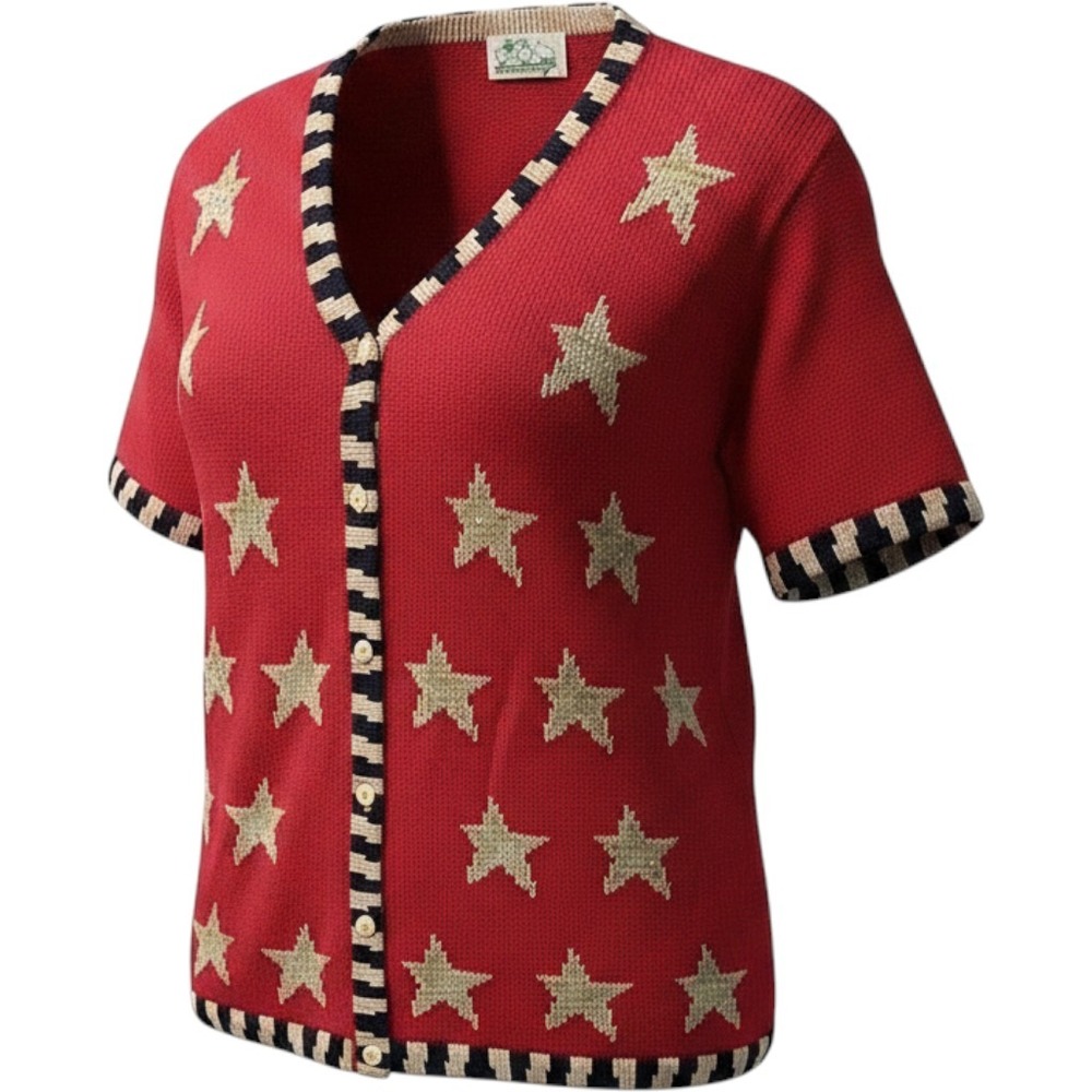 Quacker Factory Patriotic American Flag Sequin Star Cardigan Red Plus 1X